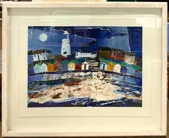 Coastal view with beach huts and lighthouse by Martin Laurance, mixed media, offered May 2025