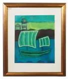 Abstract sailing boat and lighthouse by Sarah J.Carter, oil, sold May 2025