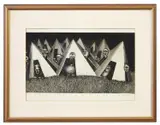 Surrealist imagery of screaming figures / heads by Alan Salisbury, 1969, etching, sold May 2025