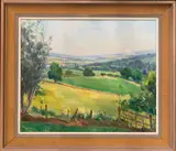 View over rolling pastoral fields by Cecily Sanderson, oil on board, sold Apr 2025