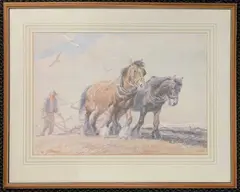 Ploughing with working horses by George Soper, watercolour, sold Apr 2025