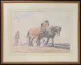 Ploughing with working horses by George Soper, watercolour, sold Apr 2025