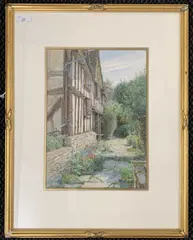 View over a garden and Tudor building by Miller Smith, 1921, watercolour, sold Apr 2025