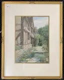 View over a garden and Tudor building by Miller Smith, 1921, watercolour, sold Apr 2025