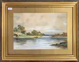 Landcape view overlooking a river with a lone figure in a boat before by Dudley Ward, watercolour and gouache, sold Apr 2025