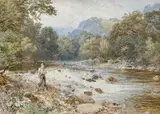 RWS (British, 1825-1899) watercolour - riverscape with boy fishing to side, by Myles Birket Foster, watercolour, sold Nov 2025