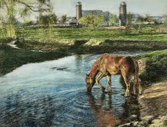 Farm beyond with twin silos by Keith Bowen, pastel, sold Nov 2025