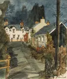 Road with terrace houses by John Cleal, watercolour and ink, sold Nov 2025