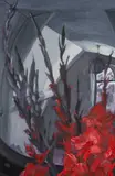 Red Gladioli by Rosemary Burton, oil on panel, offered Oct 2025