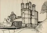 Caernarfon Castle by Tom Jones, ink on paper, sold Oct 2025