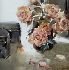 Rose and Black Boxes by Ethel Walker, oil on board, sold Oct 2025