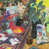 Wax crayon and acrylic - still life with vases of flowers by Jack Shore, acrylic, sold Oct 2025