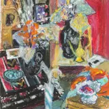 Wax crayon - still life with flowers by Jack Shore, oil, sold Oct 2025