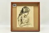 A sensitive portrait of a young girl by Rene Puddifoot, ink and wash on paper, sold May 2023