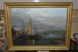 Working boats in a harbour by William Anderson, oil on canvas, sold Apr 2023