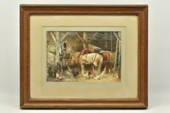 Heavy horses and chickens in a stable by Frederick E. Valter, 1880, watercolour on paper, sold Apr 2023
