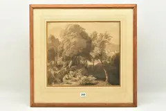 Figures in a woodland glade by William Havell, ink, offered Apr 2023