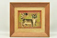 A naieve style cat and foliage by Sheila Flinn, oil on board, sold Apr 2023