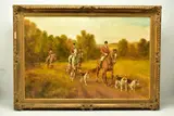 A hunting scene with horses and hounds by B. Collins, oil on canvas, sold Apr 2023