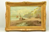 A coastal landscape with fishing boats on the shore by Cyril Tempest, oil on canvas, sold Mar 2023