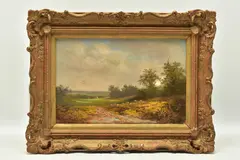 A pastoral british school landscape by Noel Ripley, oil on canvas, sold Mar 2023