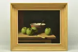 Still life with apples by Christopher Cawthorn, oil on canvas, sold Mar 2023
