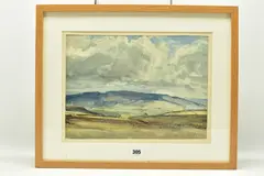 The shadowed hill - rylstone fell by Reginald Arthur, watercolour on paper, sold Mar 2023