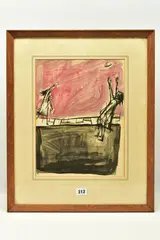 Girls playing ball by Paul Millichip, ink and watercolour on paper, sold Mar 2023