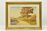 A landscape view along a path with trees by John Haggis, oil on board, sold Mar 2023