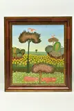 Naive landscape with cattle and birds by Dobrosav Milojević, 1989, oil on canvas, sold Mar 2023