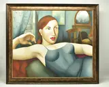 Woman in blue reclining by Rachel Deacon, oil on canvas, sold Mar 2023