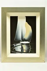 A stylised yacht under sail by Duncan Macgregor Dmac, oil on board, offered Mar 2023
