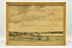 Distant view of dedham, essex by David Muirhead, 1924, watercolour on paper, sold Mar 2023