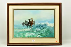Horses and jockeys exercising small breaking waves on the beach by John Haskins, oil on board, sold Feb 2023