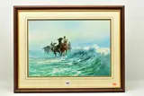 Horses and jockeys exercising small breaking waves on the beach by John Haskins, oil on board, sold Feb 2023