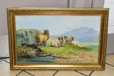 A pastoral landscape depicting sheep resting by F. Park, oil on board, sold Feb 2023