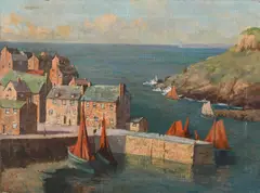 Coastal landscape with fishing village and harbour Indistinctly by Arthur Bateman, Oil on canvas, sold Dec 2022