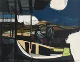 Fishermen with their boat under a full moon Signed and indistinctly by Clifford Fishwick, Oil on board, sold Dec 2022