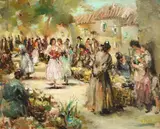 Flower market in Arles Signed Dyf by Marcel Dyf, Oil on canvas, sold Dec 2022