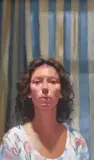 Self portrait before a striped curtain Signed twice Yana Trevail and by Yana Trevail, 2000, Oil on canvas, sold Dec 2022