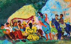 Figures and mules gathered in a landscape by Benjamín Palencia, Mixed media on paper, sold Dec 2022