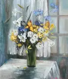 Still life with a vase of flowers by a window Signed Pearl by Pearl Pols, Oil on board, sold Dec 2022