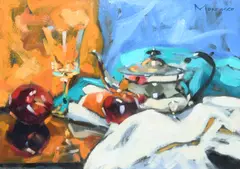 Still life with silver teapot by Jack Morrocco, Oil on canvas, sold Dec 2022