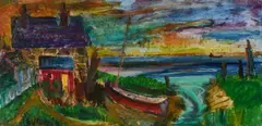 Coastal landscape with a cottage and fishing boat Signed and dated SVEN by Sven Berlin, Oil on board, sold Dec 2022