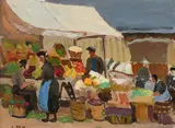 French market scene Signed with initials LMH by Letitia Marion Hamilton Rha, Oil on board, sold Dec 2022