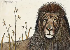 A lion in tall grass Signed and dated K by Keith Ingermann, Oil on board, sold Dec 2022