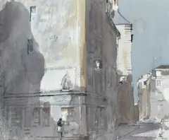 French street scene with a figure at a corner Signed with monogram by Tom Coates, Watercolour, sold Dec 2022