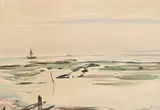 Coastal landscape with fishing boats in the distance Signed and by Kurt Löwengard, Watercolour, sold Dec 2022