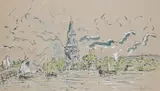 River landscape with sailboats and a church beyond Signed Paul Maze by Paul Maze, Watercolour and bodycolour, sold Dec 2022