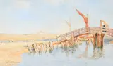 Figure walking over the bridge at Walberswick Signed and by William Fletcher Thomas, Pencil and watercolour heightened with white, sold Dec 2022